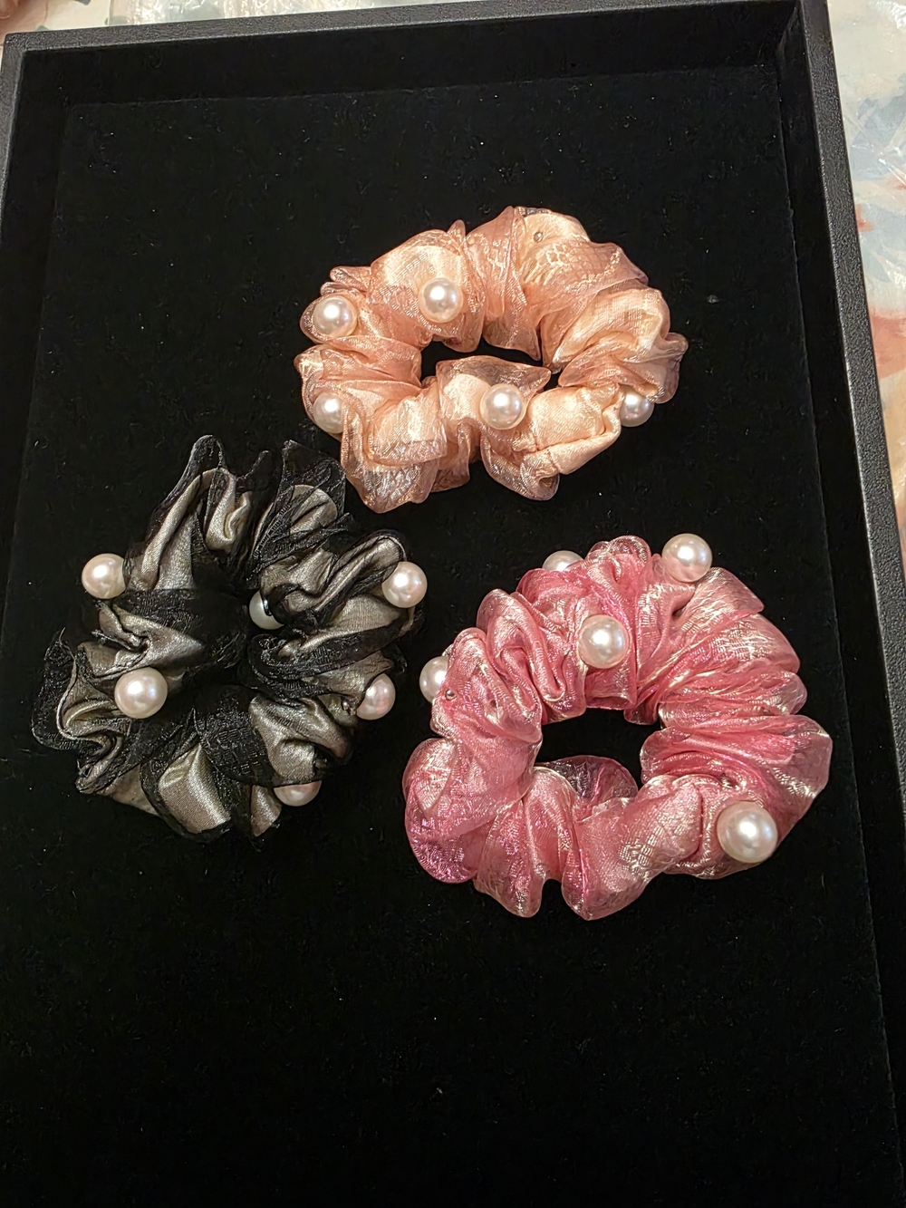 Pearl-Embellished Satin Scrunchie Set — Pink, Peach, Black